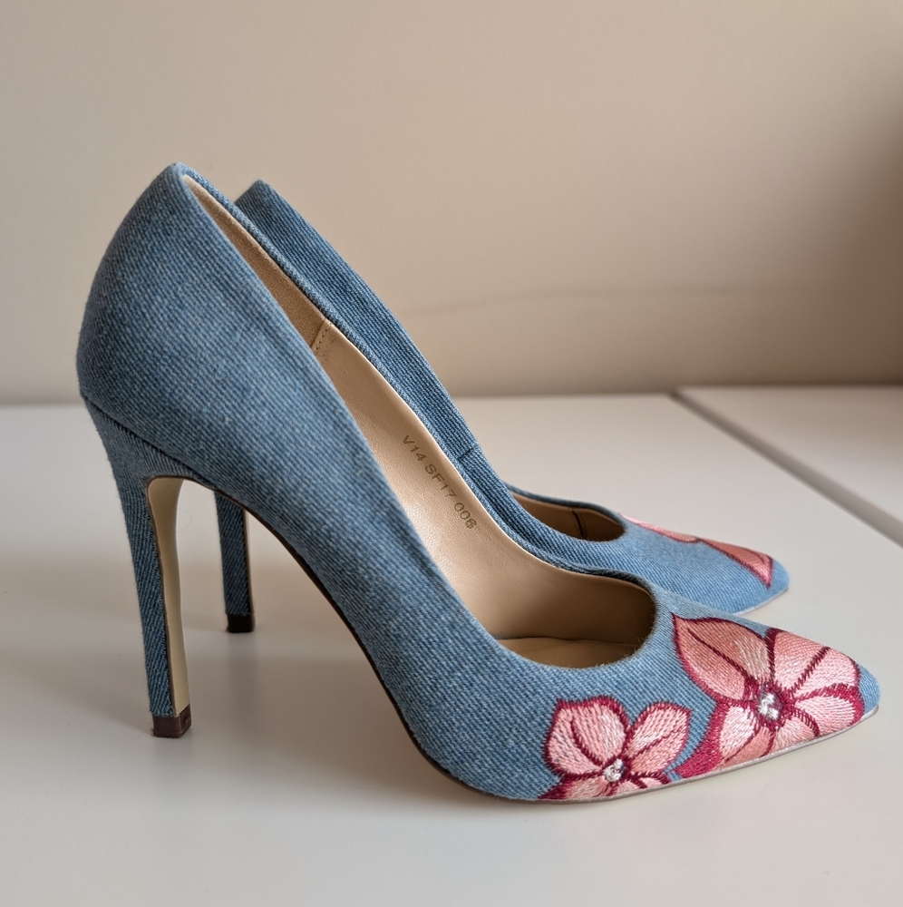 Blue Denim Floral Embroidery Women's Heels